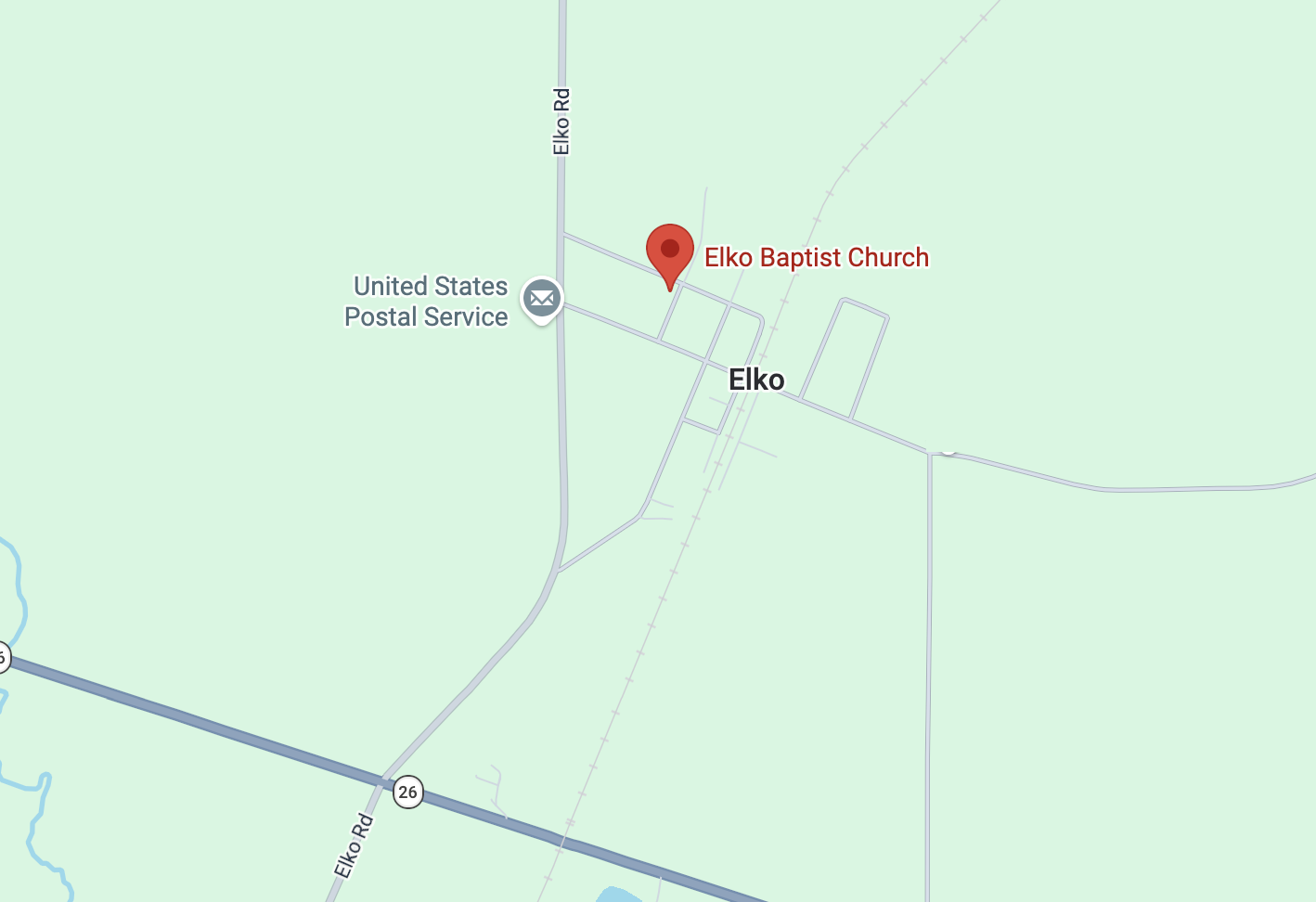 Map showing the location of Elko Baptist Church at 112 Oak Street (off Elko Road) in Elko, GA 31025